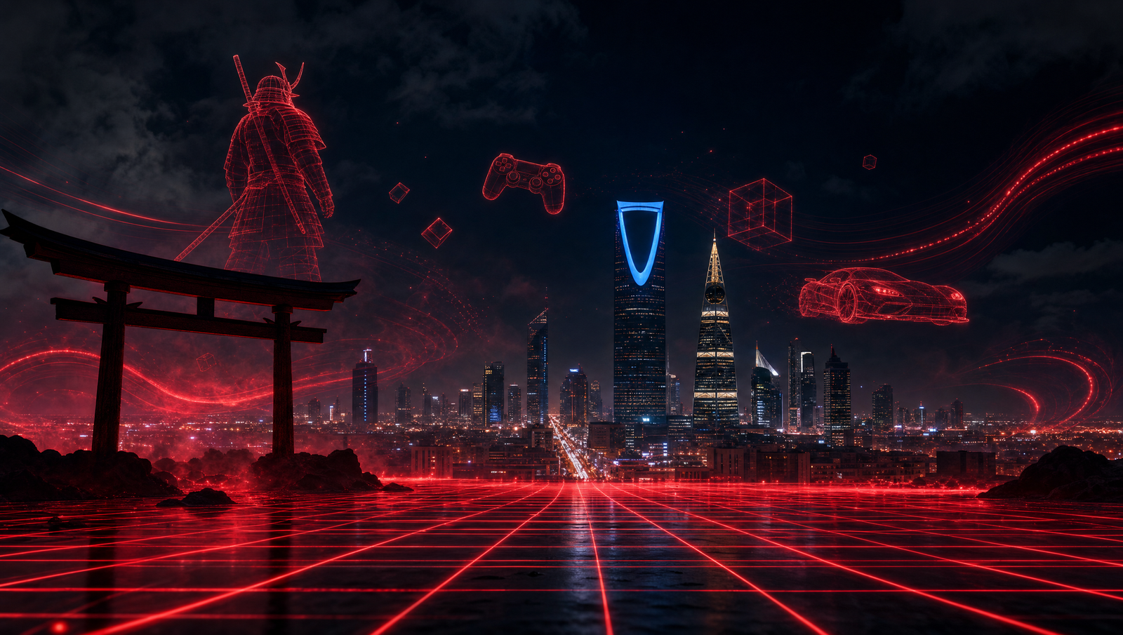 Riyadh skyline at night with a Japanese torii gate and holographic red wireframe game objects above a neon grid
