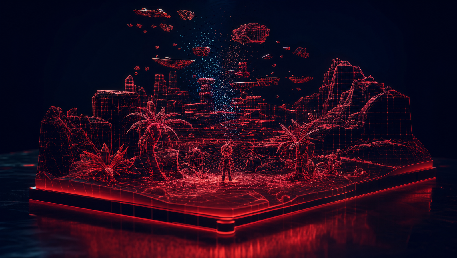 A holographic red wireframe 3D game world assembling, with a small character, palm trees, and rock formations